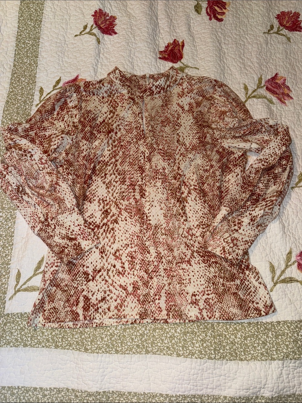 Chico's Rust and Cream Snake-Print Long Sleeve Blouse